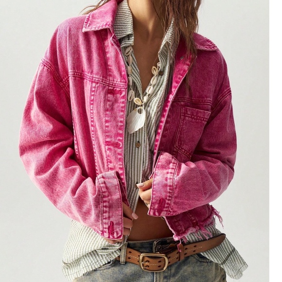 Hot Pink Mineral wash Frayed Hem Button Jean Denim Jacket - Picture 4 of 6